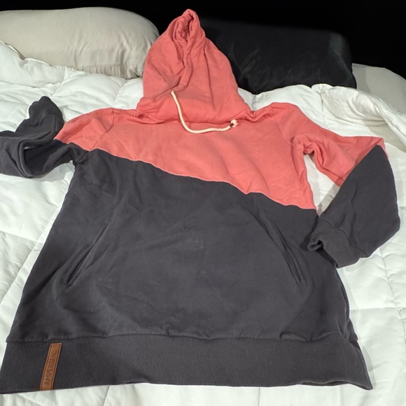 Ampersand Ave Color blocked Hoodie  - Coral and Charcoal - Picture 1 of 7